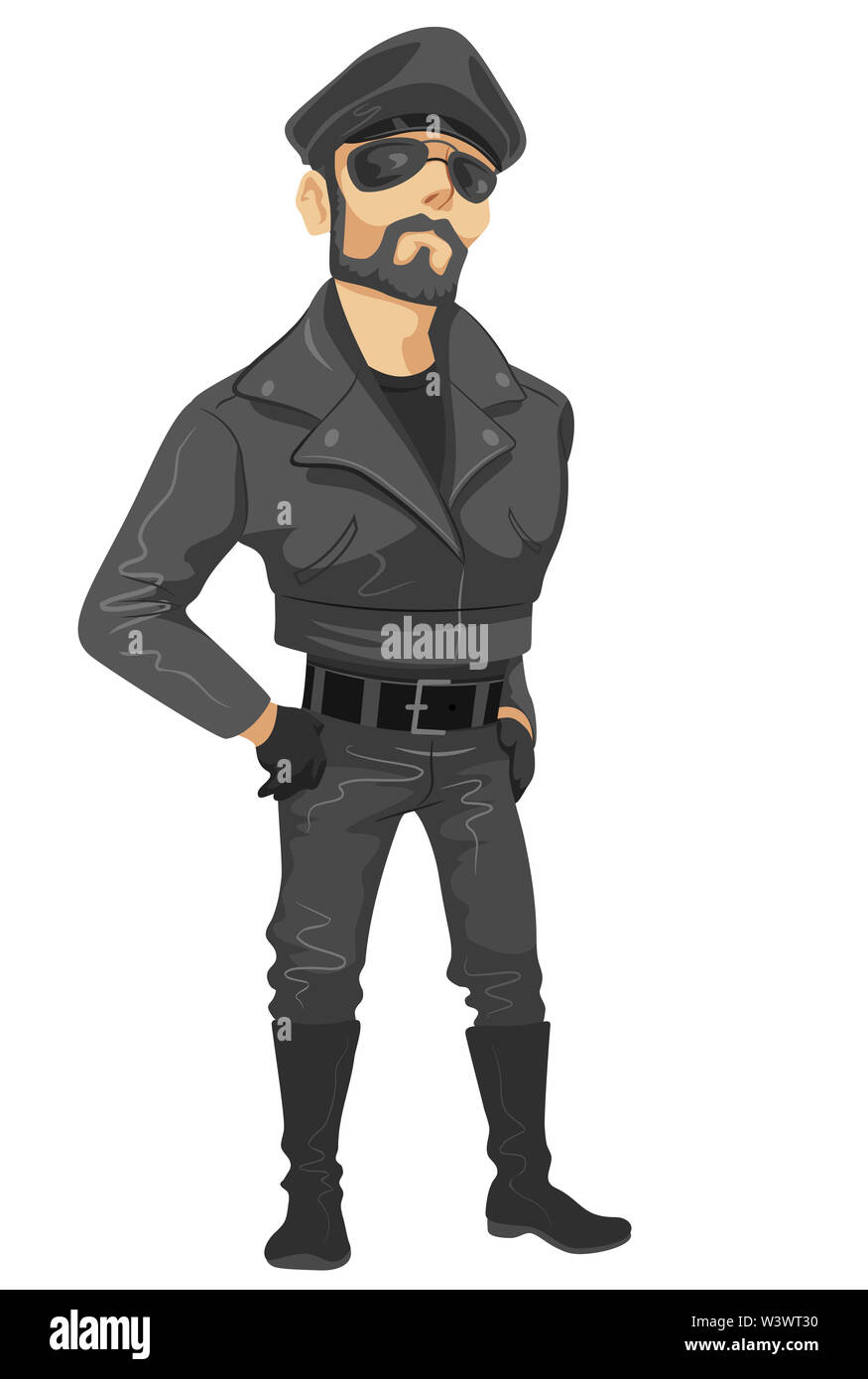 Illustration of a Man Wearing Leather All Over from Hat, Jacket, Belt, Pants to Boots Stock Photo