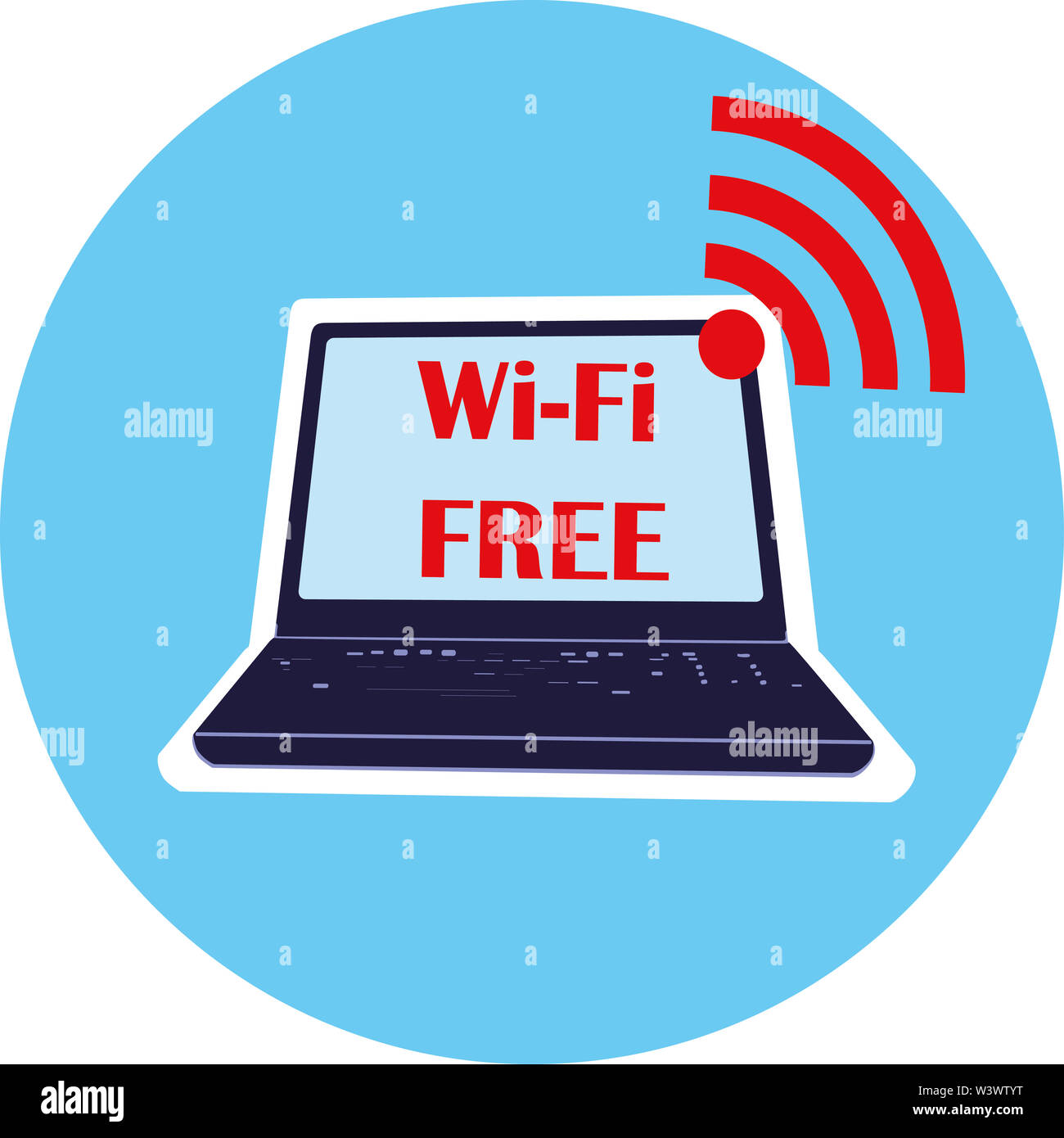 Flat drawing of a laptop. Sign, symbol of free wi-fi.Illustration Stock Photo