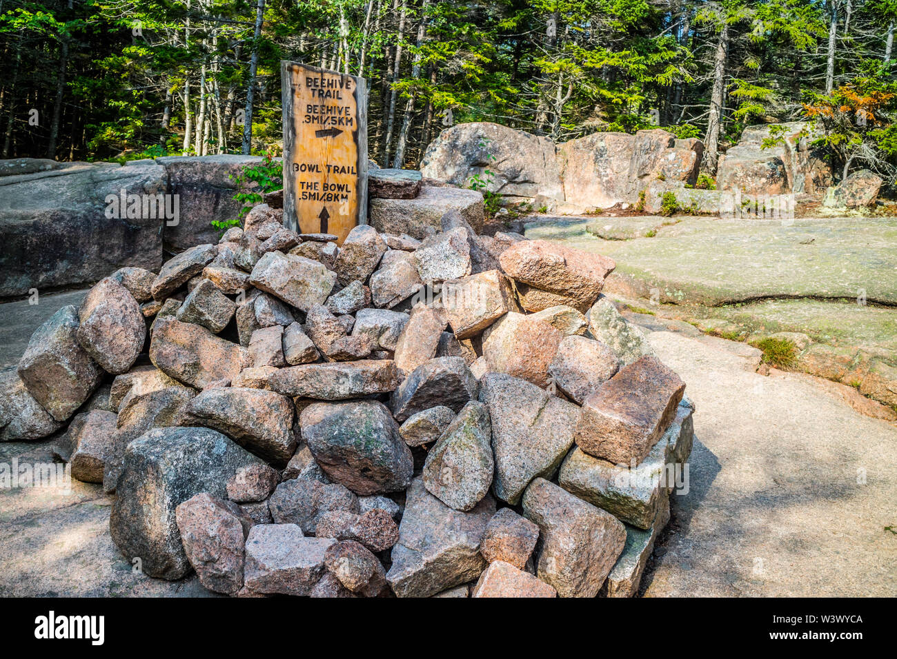 Acadia National Park, ME, USA - August 15, 2018: A signage post for ...