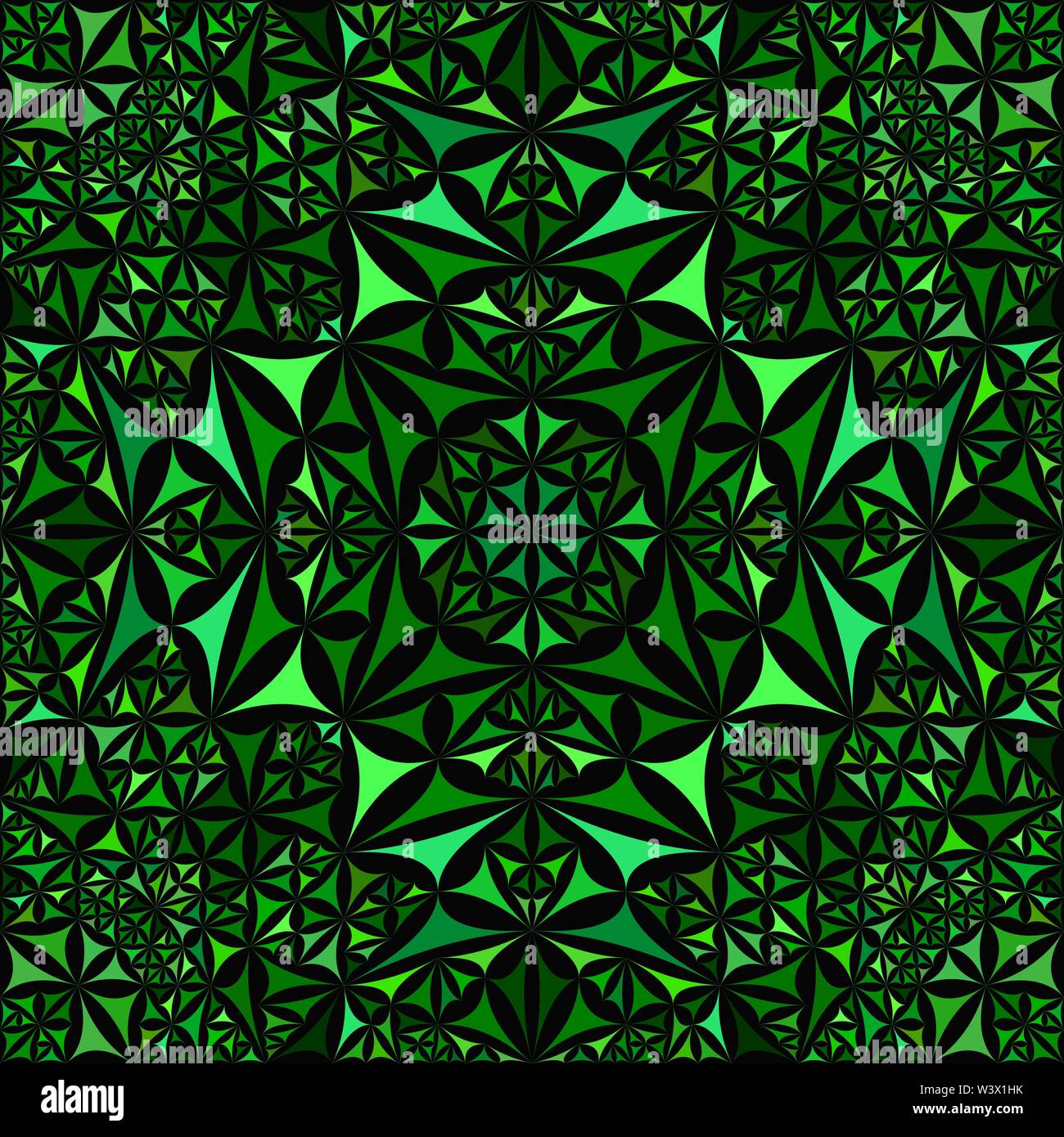 Green abstract repeating curved triangle mosaic kaleidoscope pattern
