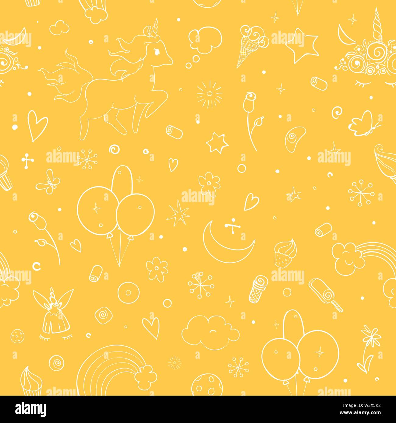 Cute vector unicorns and rainbow seamless pattern - hand drawn kawaii ...