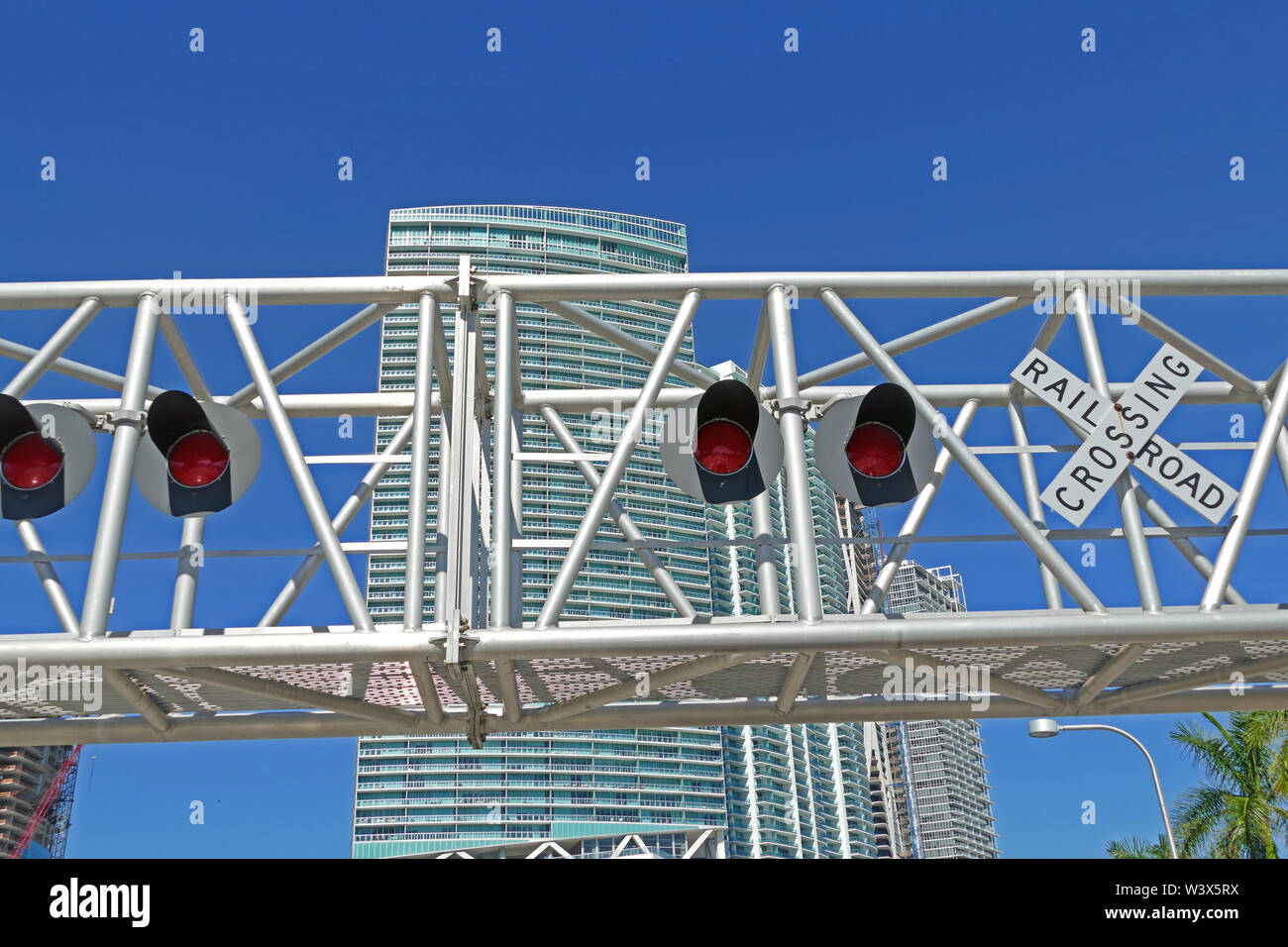 Viaduct in Miami downtown, trains crossing street Stock Photo