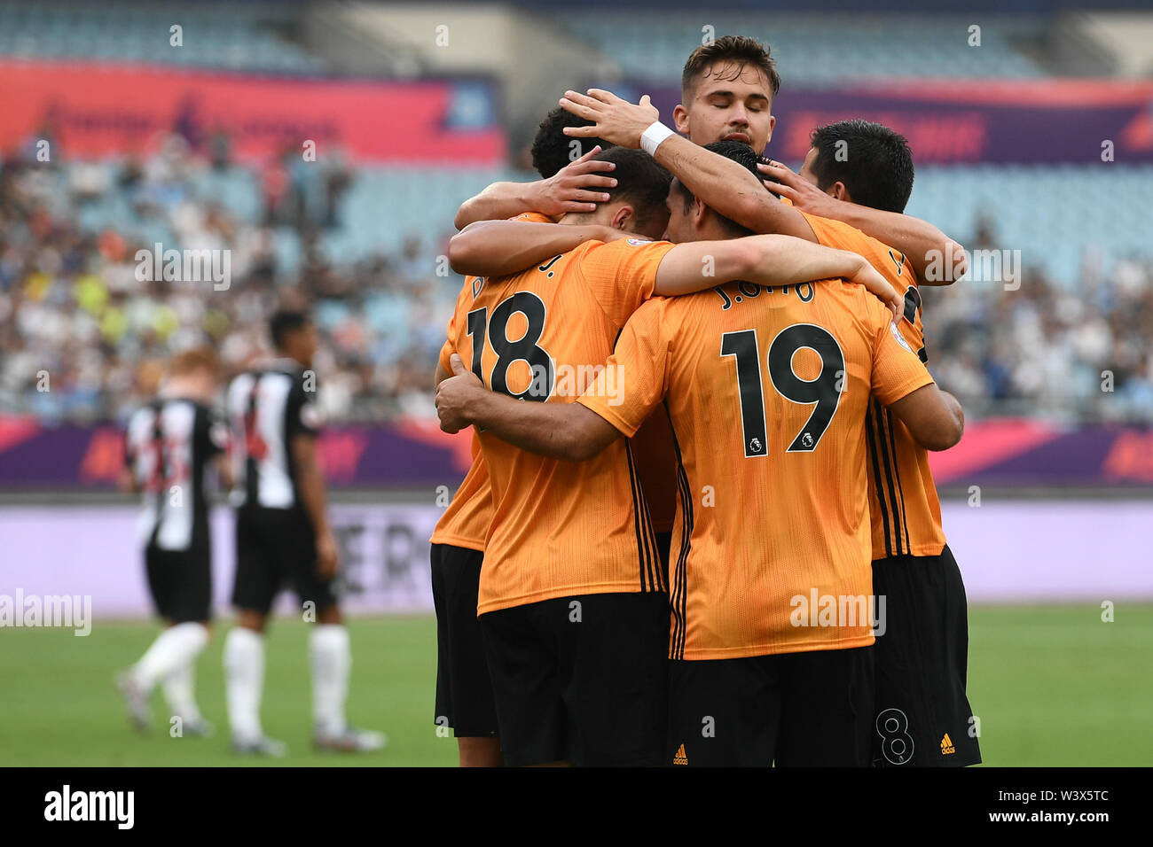 Players Of Wolverhampton Wanderers F C Of English League Champions Celebrate After Scoring Against Newcastle United F C In The Semifinal Match During The Premier League Asia Trophy 2019 In Nanjing City East China S