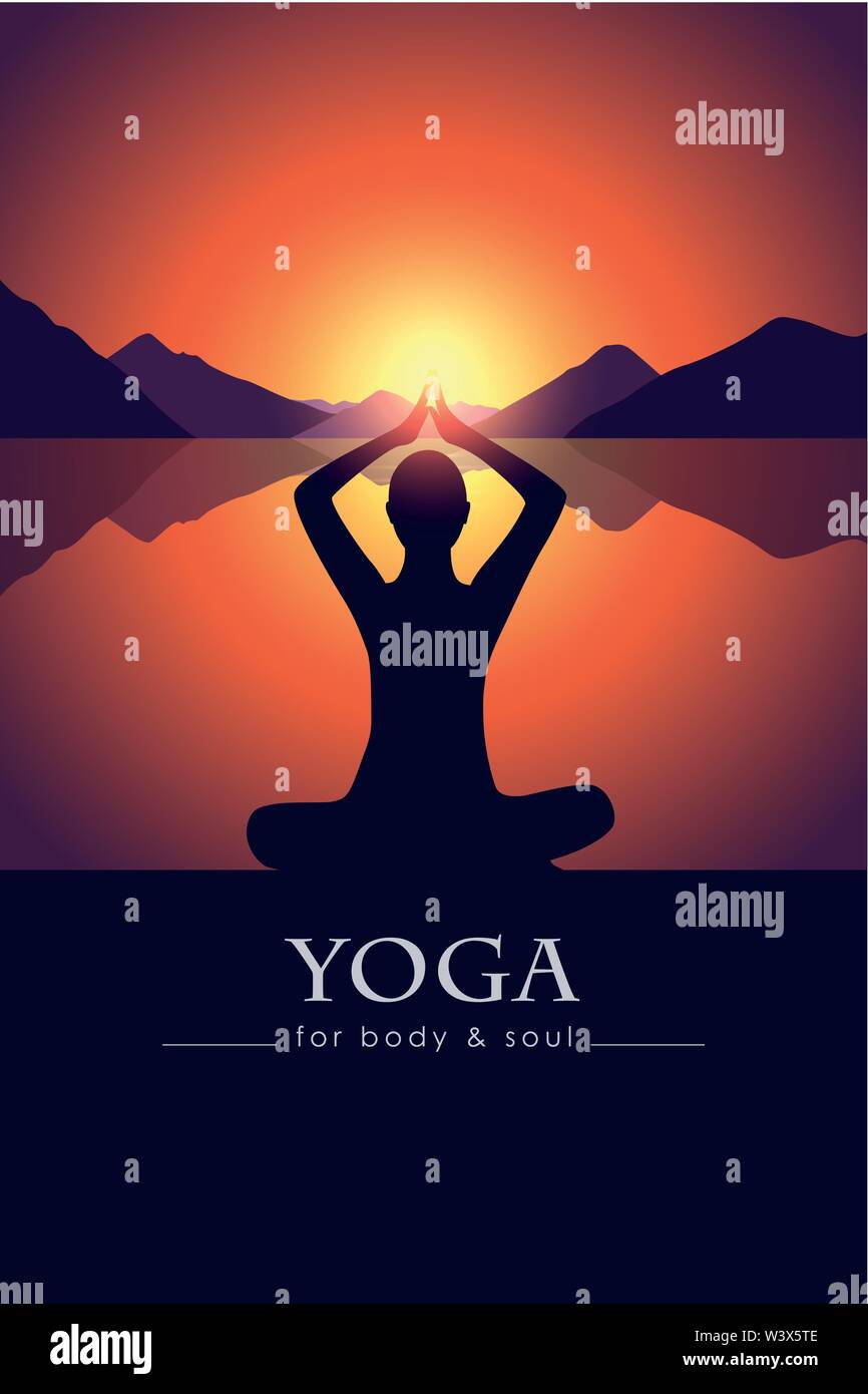 yoga for body and soul meditating person silhouette by the lake with mountain landscape at sunset vector illustration EPS10 Stock Vector