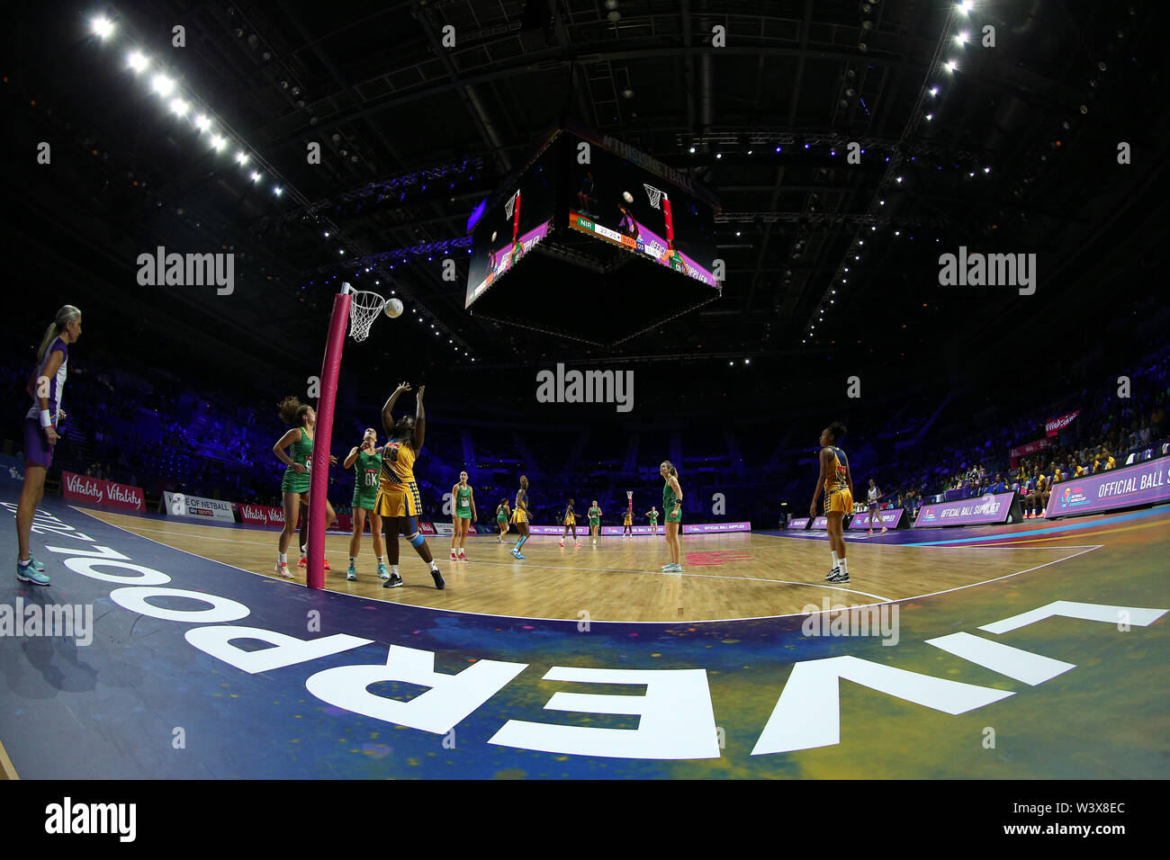 General view of match action between Northern Ireland and Barbados during the netball World Cup match at the M&S Bank Arena, Liverpool. Stock Photo