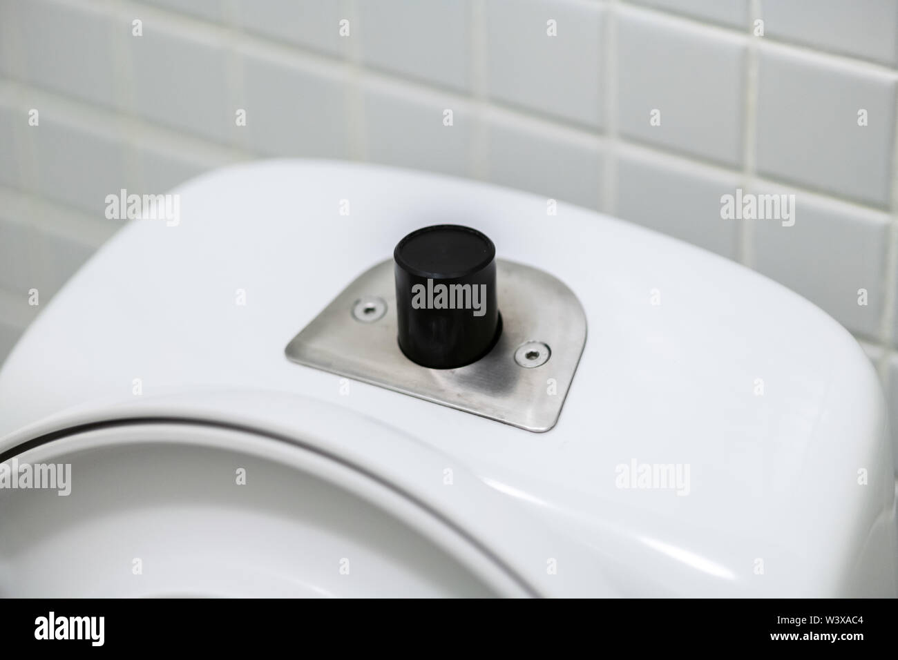 Flush button on the toilet bowl tank. Flushing toilet Stock Photo Alamy