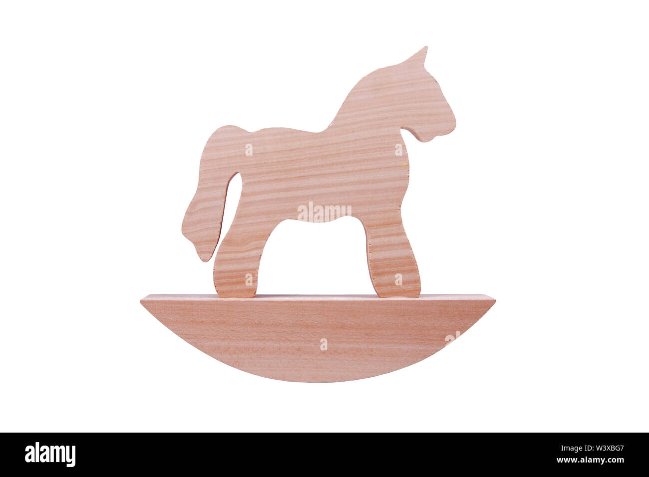 Simple wooden rocking horse toy, horse figure on a stand isolated on white background, trojan horse or simplified traditional children toys concept Stock Photo