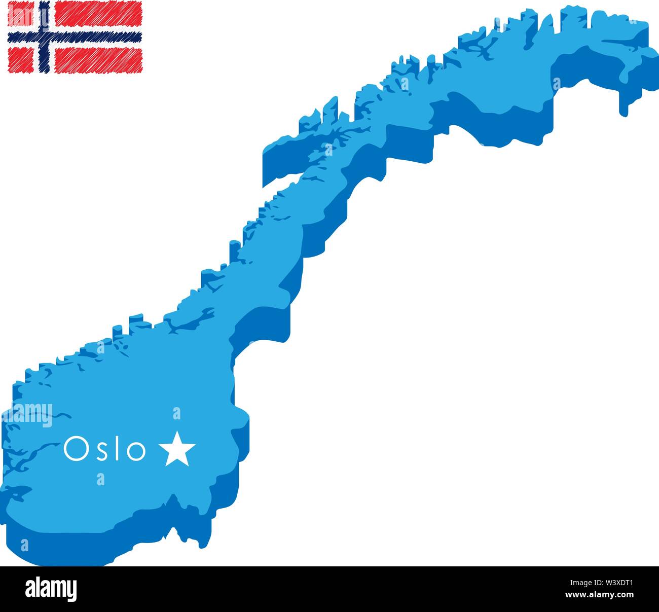 Blue isometric map of country norway with pointer of capital Oslo. Realistic 3d vector concept map easy to edit and customize. Vector illustration eps 10 Stock Vector