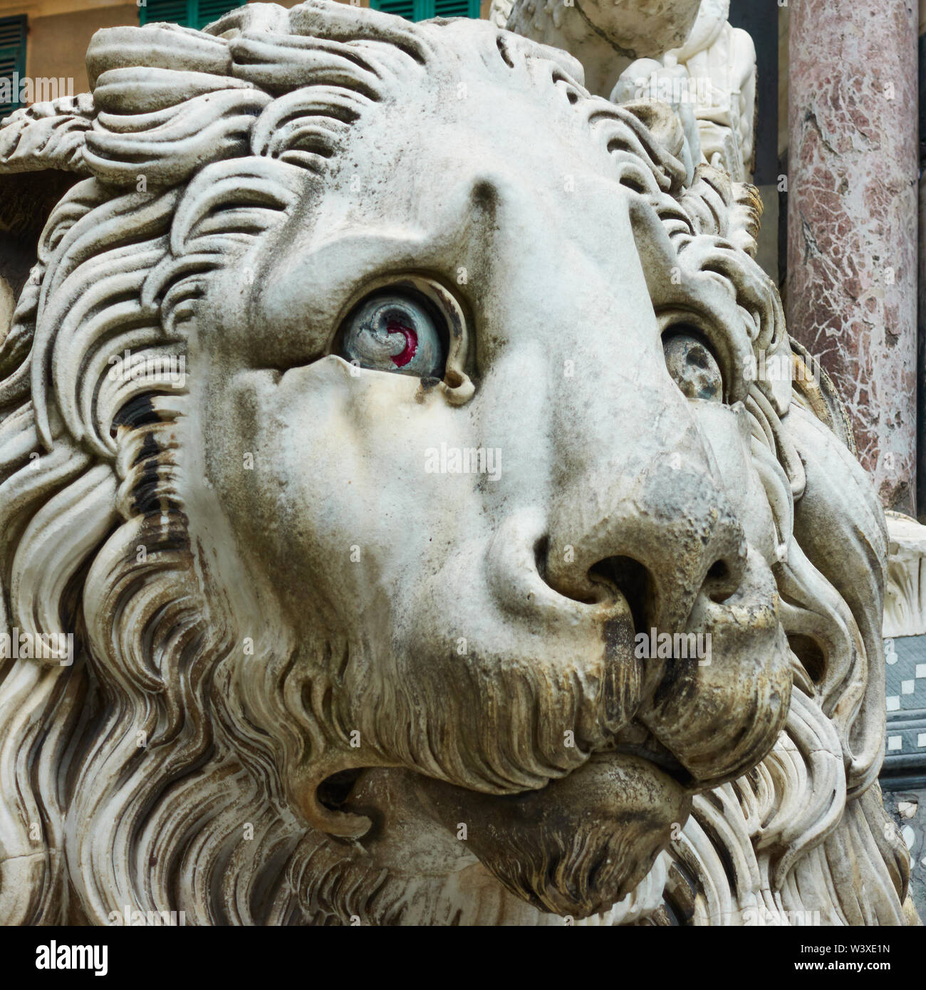 Marble lion's head close up - Statue at the entrance of The San Lorenzo Cathedral in Genoa/Genova, Liguria, Italy Stock Photo