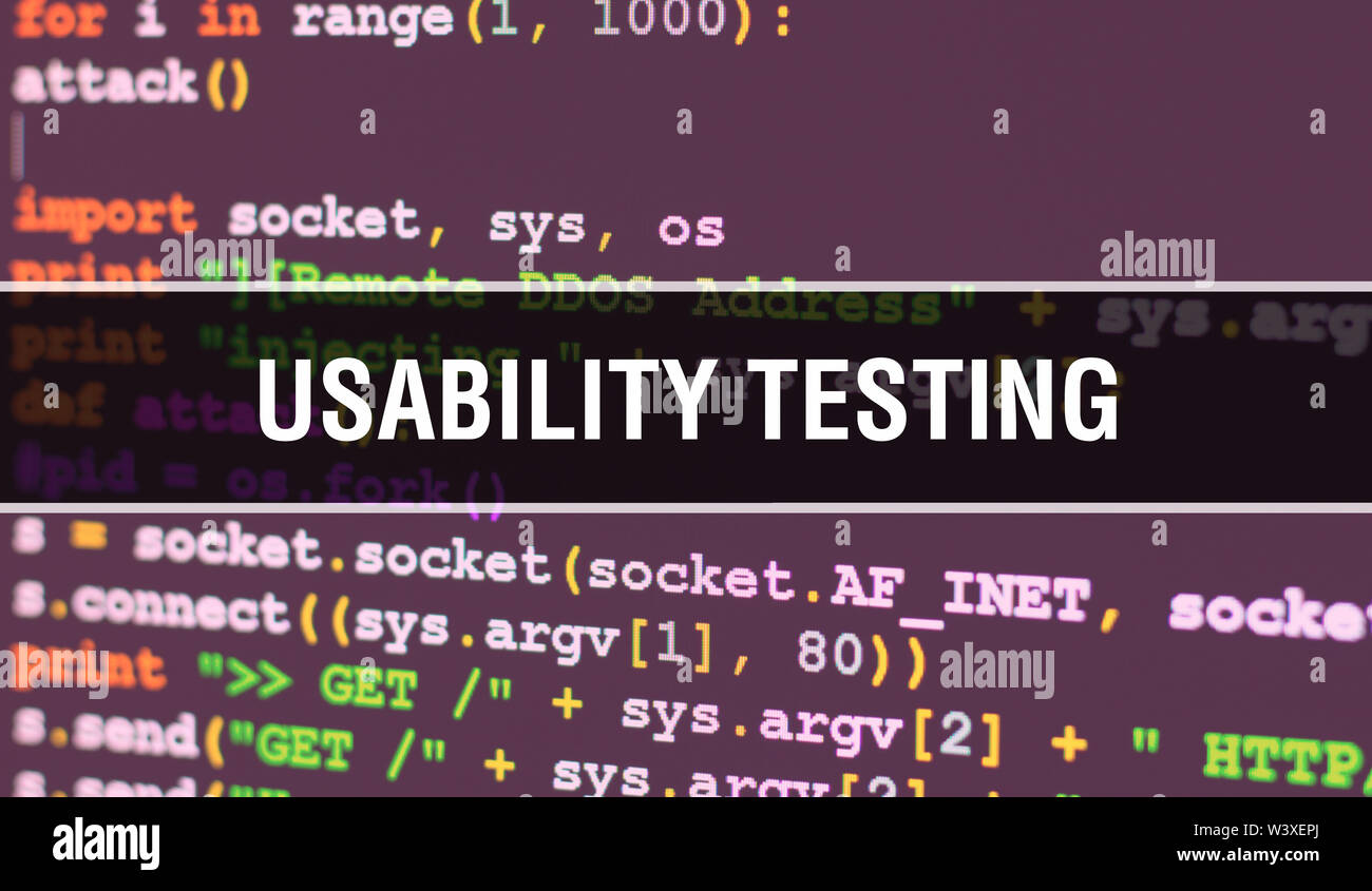 USABILITY TESTING concept illustration using code for developing programs and app. USABILITY TESTING website code with colorful tags in browser view o Stock Photo