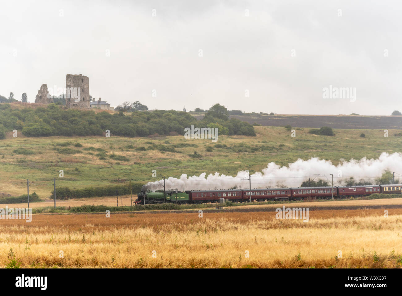 BR B1 class steam locomotive 'Mayflower' number 61306 is seen passing through Hadleigh Marsh in the rain below the ruins of the 13th century Hadleigh Castle on its way from Southend East station in Essex towards Winchester in Hampshire, hauling a Steam Dreams steam special train of vintage carriages. 'Mayflower' has recently received an overhaul and is resplendent in BR apple green livery Stock Photo