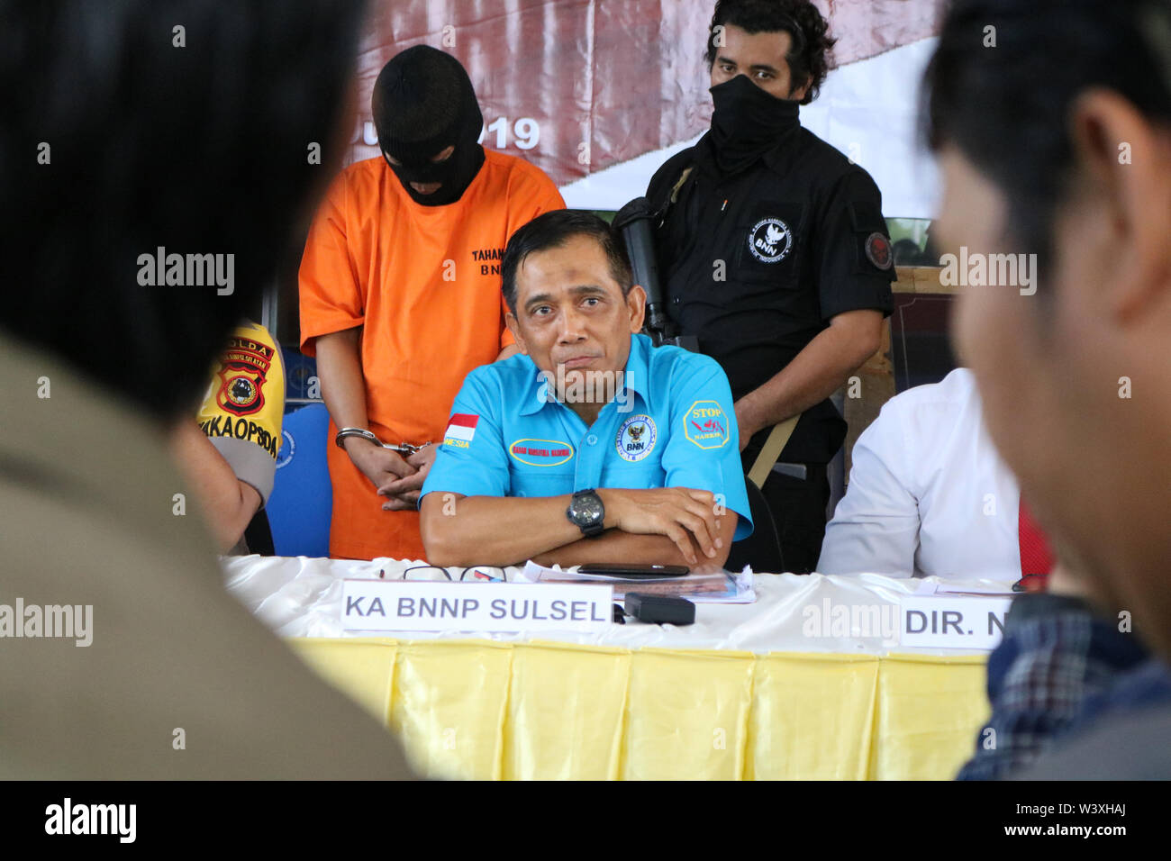 Makassar, Indonesia 18th July 2019, Head of the National Narcotics Agency of South Sulawesi Province, Brigadier General Police Idris Kadir was in front of the media crew when delivering the release of the arrest of two farmers who were drug dealers and money laundering from Sidrap Regency. Credit: Herwin Bahar / Alamy Live News Stock Photo