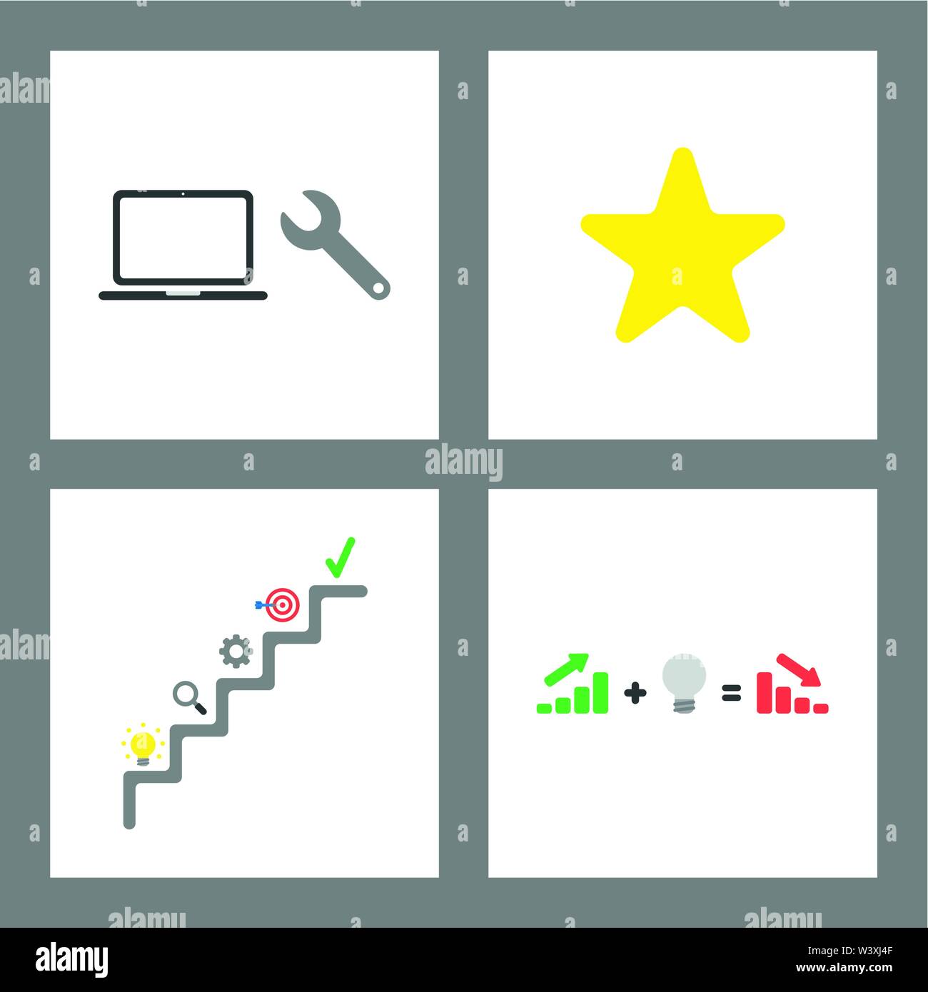 Vector icon concept set. Spanner and laptop, star shape, success stairs, sales chart with bad idea, up and down. Stock Vector