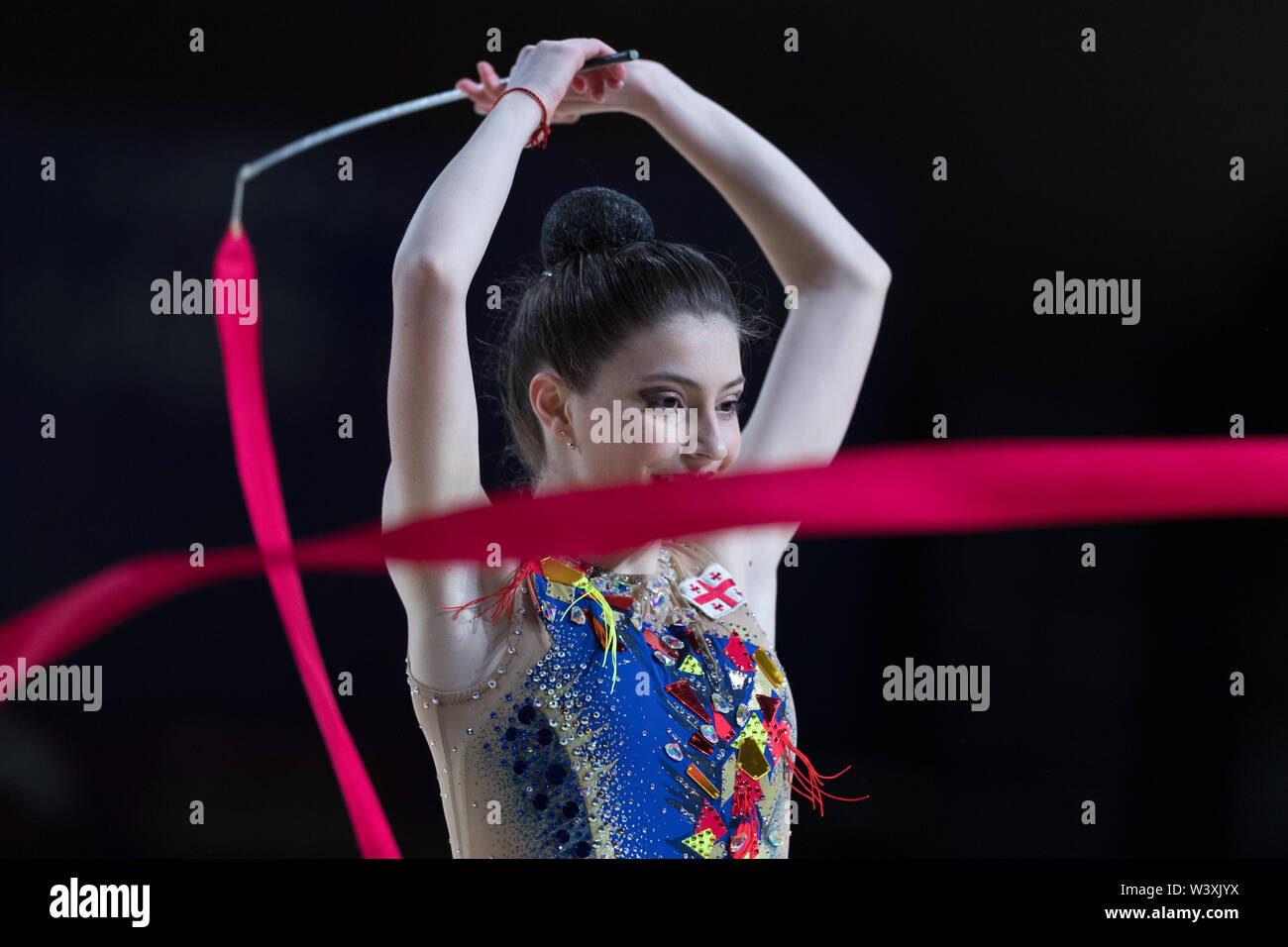 Keti Arbolishvili from Georgia performs her ribbon routine during 2019 Grand Prix de Thiais Stock Photo