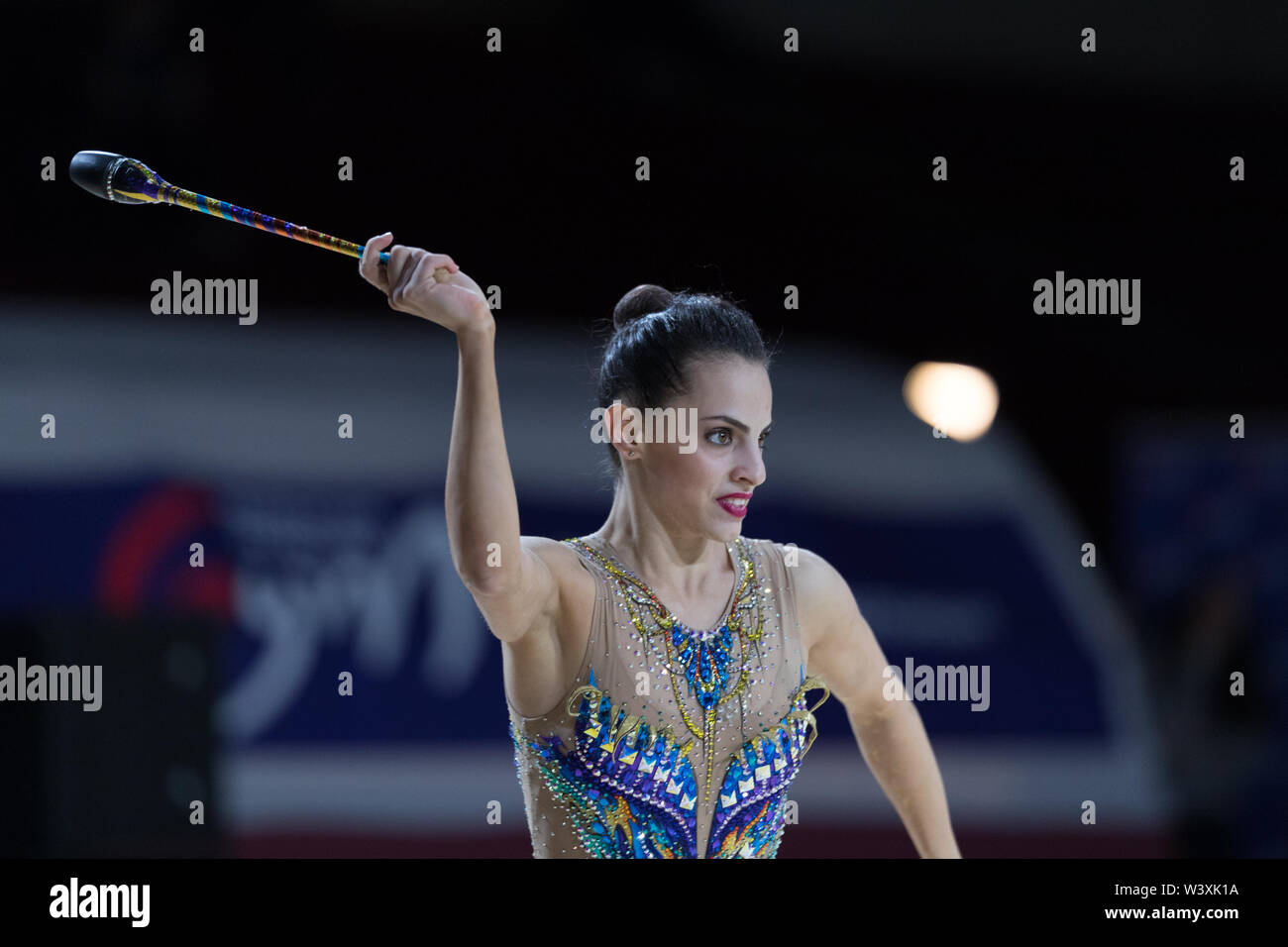 Linoy Ashram from Israel performs her clubs during 2019 Grand Prix de Thiais Stock Photo