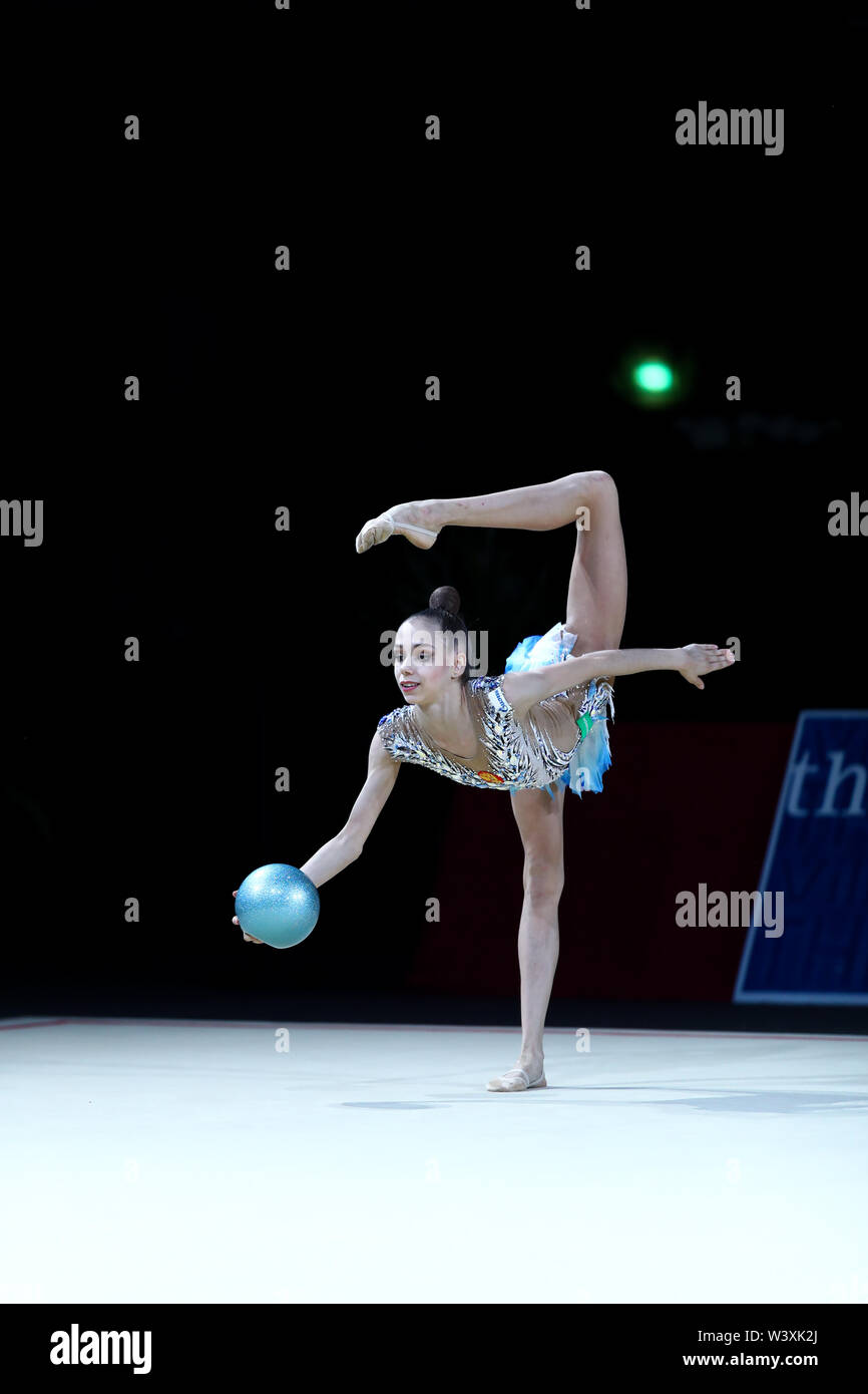 Anastasia Guzenkova from Russia performs her ball routine during 2019 Grand Prix de Thiais Stock Photo