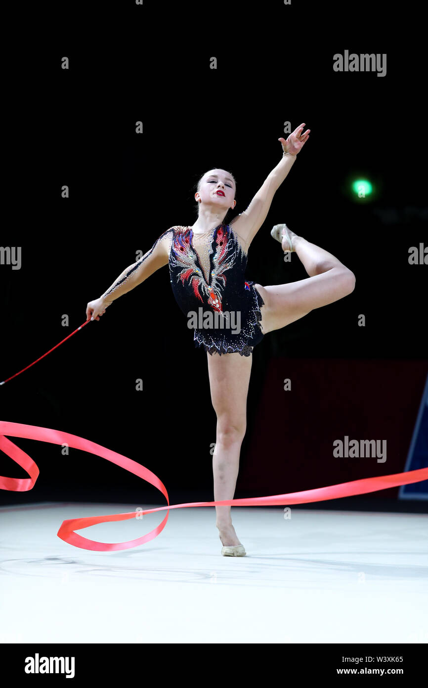 Alina Chamzina from Czech Republic performs her ribbon routine during 2019 Grand Prix de Thiais Stock Photo