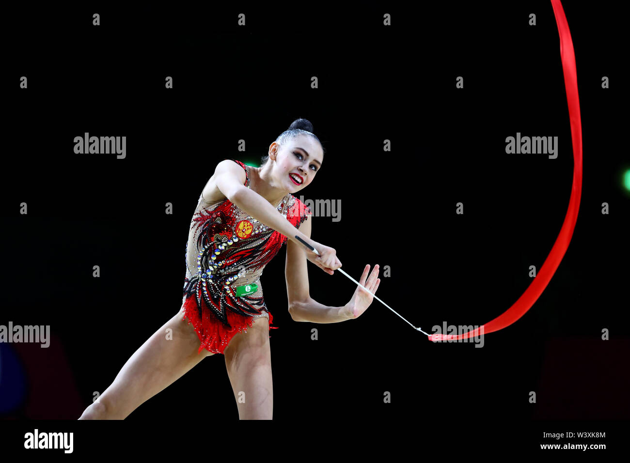 Daria Trubnikova from Russia performs her ribbon routine during 2019 Grand Prix de Thiais Stock Photo