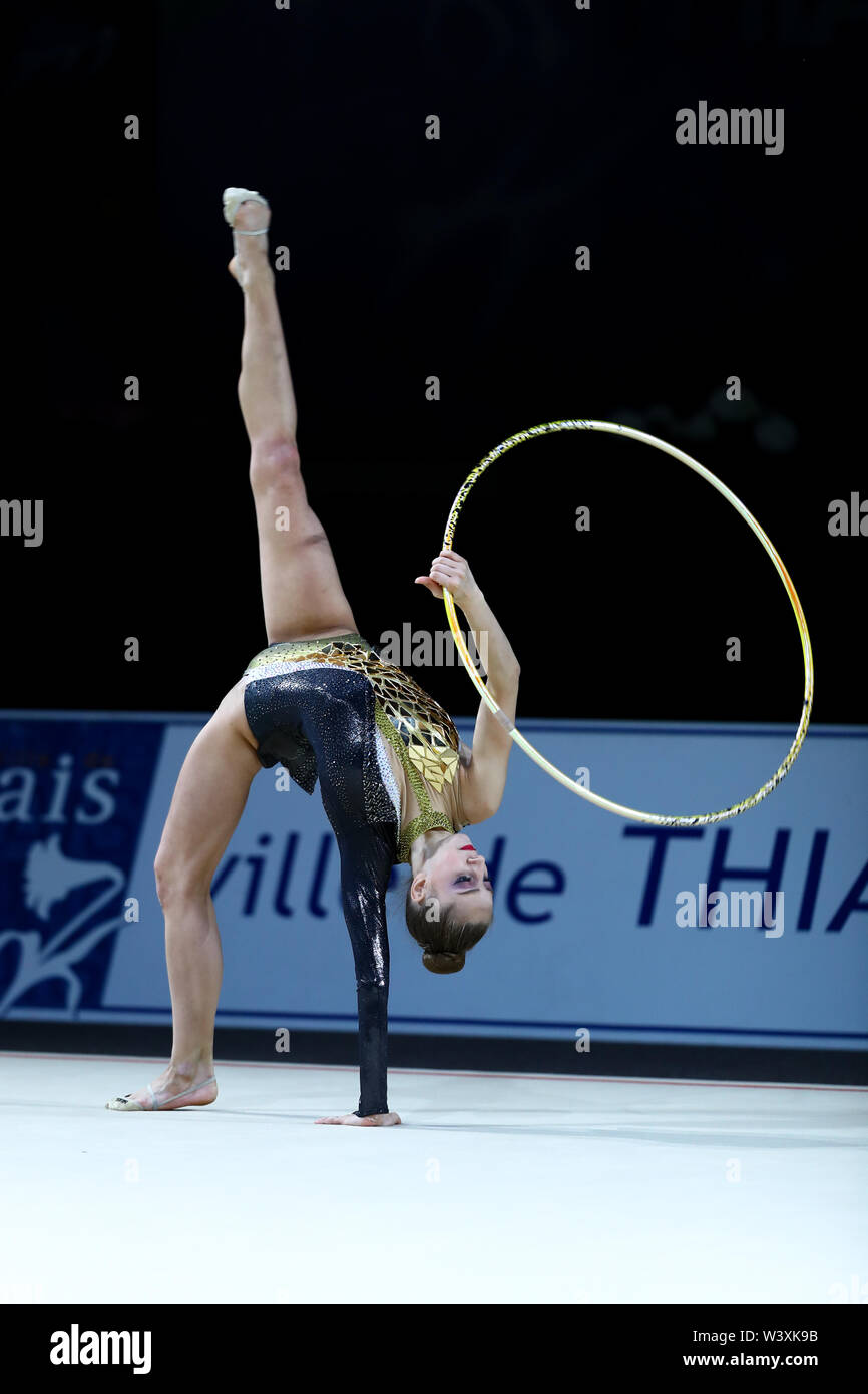 Boryana Kaleyn from Bulgaria performs her hoop routine during 2019 Grand Prix de Thiais Stock Photo