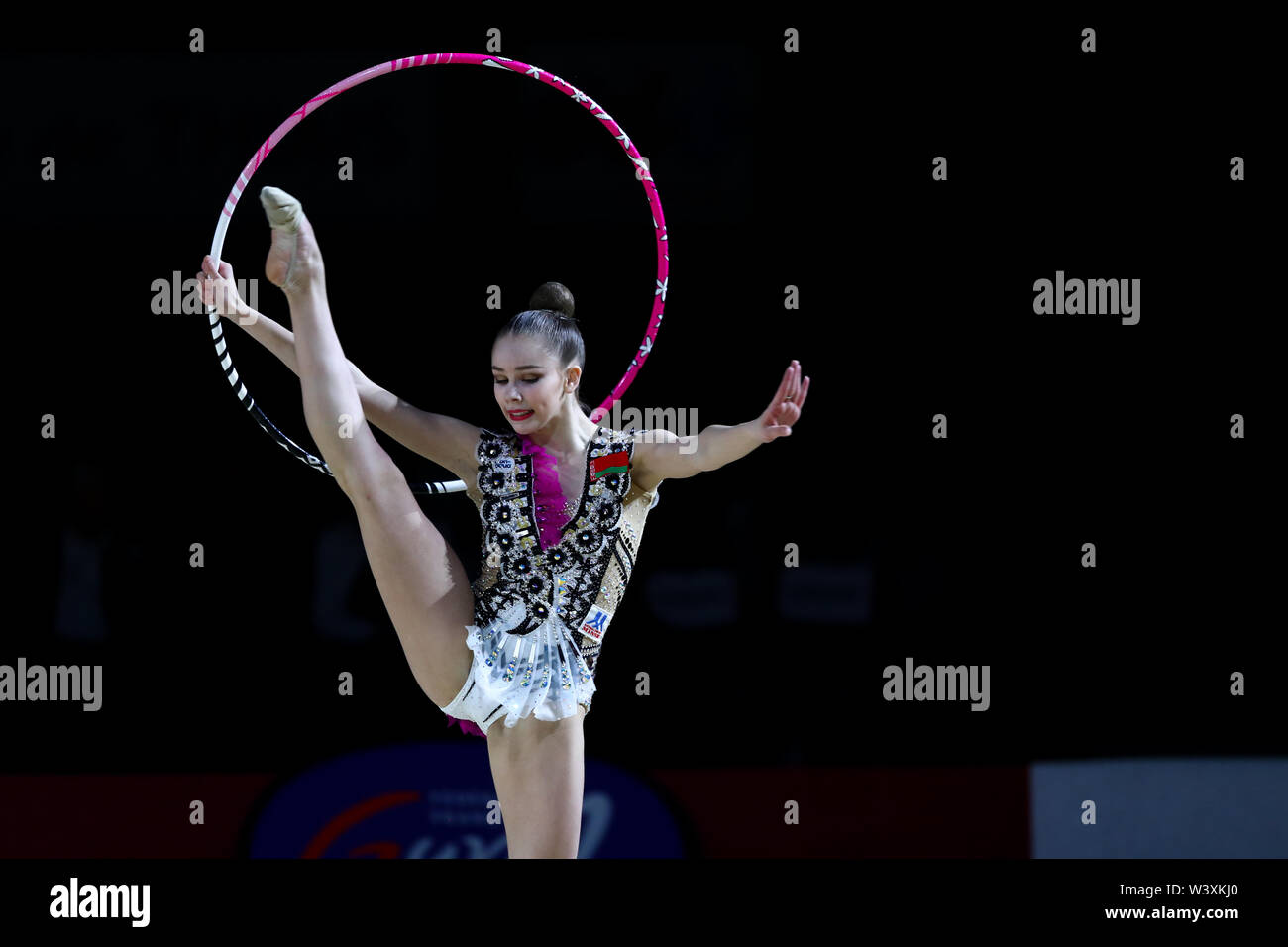 Anastasiia Salos from Belarus performs her hoop routine during 2019 Grand Prix de Thiais Stock Photo