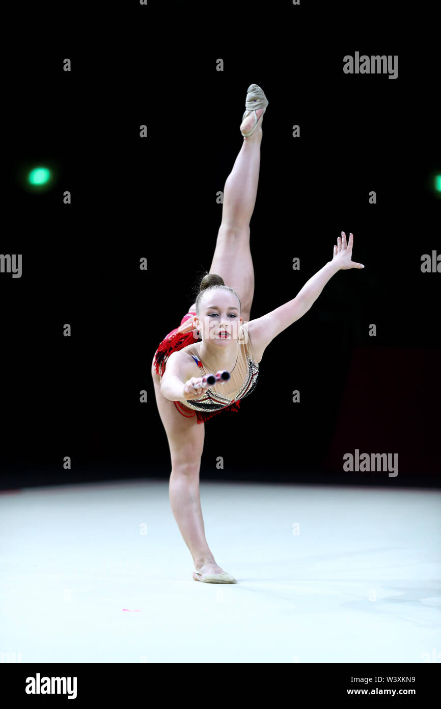 Alina Chamzina from Czech Republic performs her clubs routine during 2019 Grand Prix de Thiais Stock Photo