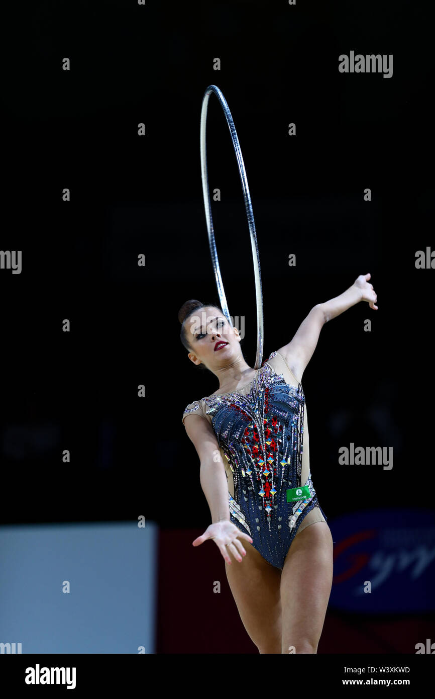 Ekaterina Selezneva from Russia performs her hoop routine during 2019 Grand Prix de Thiais Stock Photo