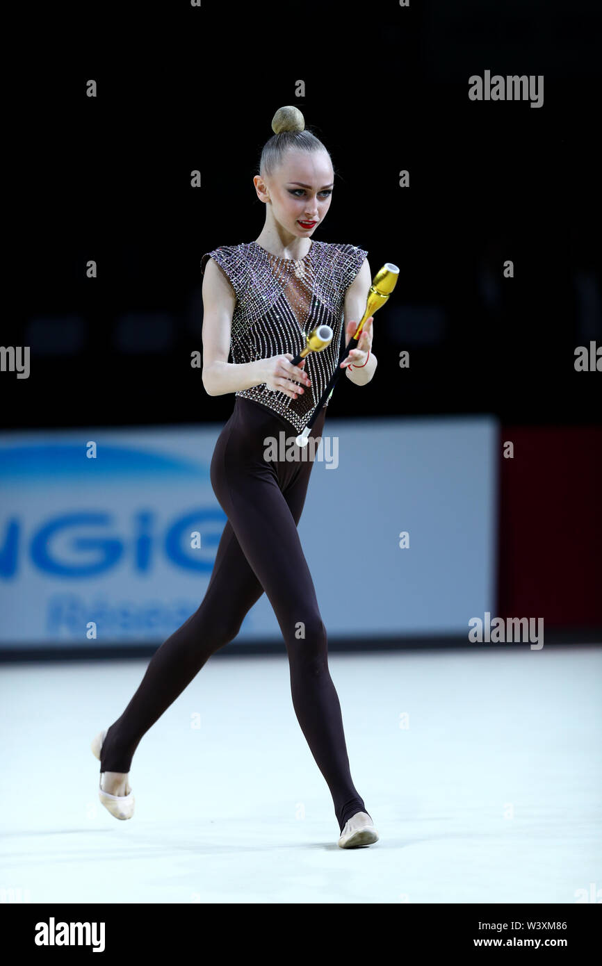 Viktoriie Onopriienko from Ukraine performs her clubs routine during 2019 Grand Prix de Thiais Stock Photo