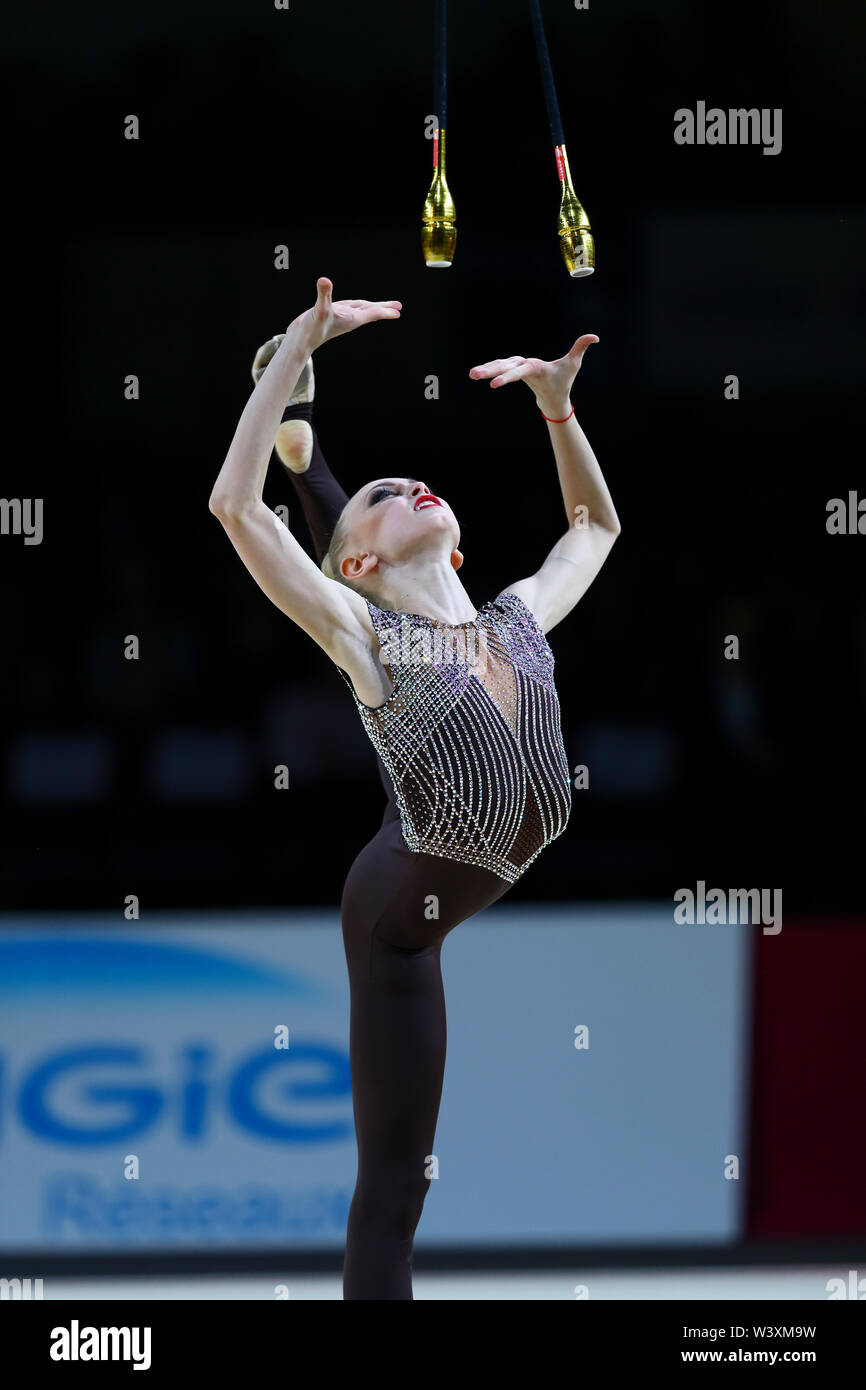 Viktoriie Onopriienko from Ukraine performs her clubs routine during 2019 Grand Prix de Thiais Stock Photo