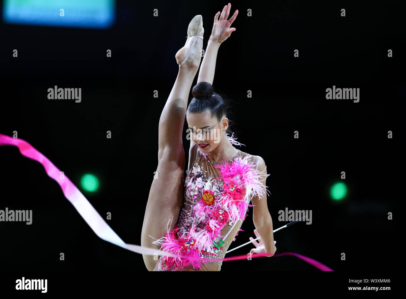 Ekaterina Selezneva from Russia performs her ribbon routine during 2019 Grand Prix de Thiais Stock Photo