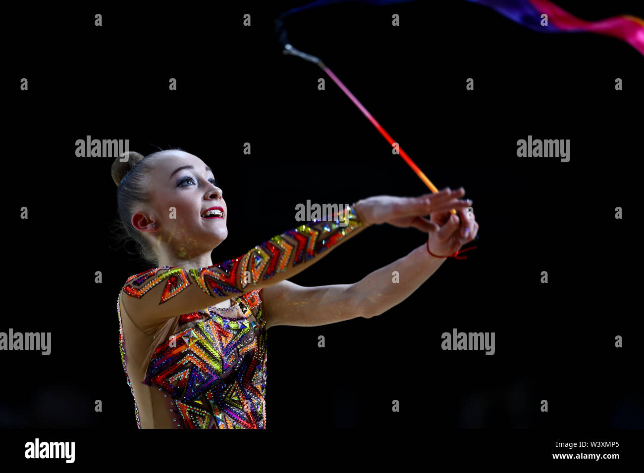 Khrystyna Pohranychna from Ukraine performs her ribbon routine during 2019 Grand Prix de Thiais Stock Photo