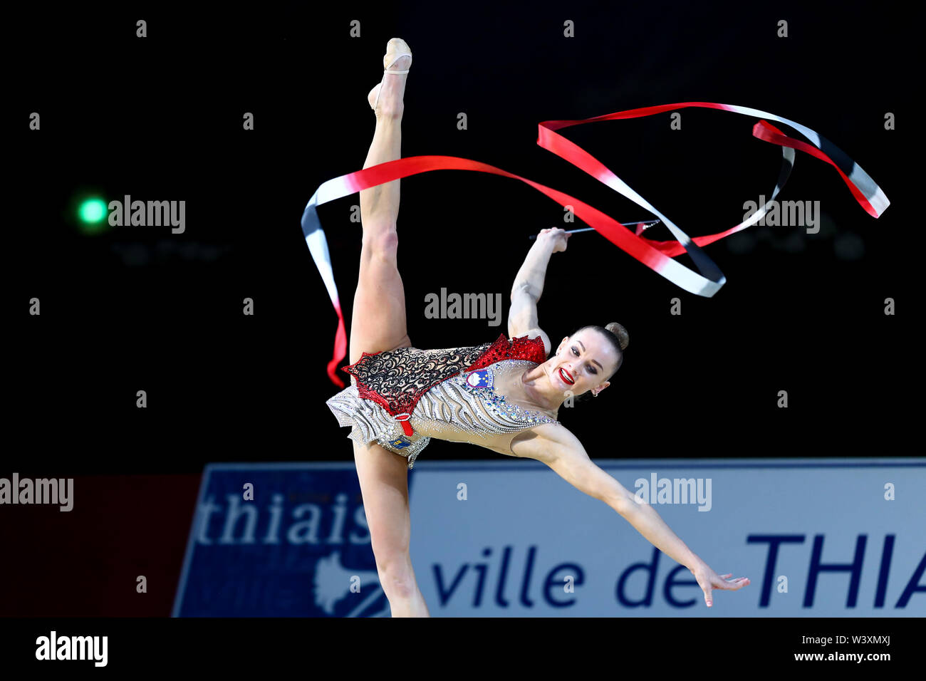 Ekaterina Vedeneeva from Slovenia performs her ribbon routine during 2019 Grand Prix de Thiais Stock Photo