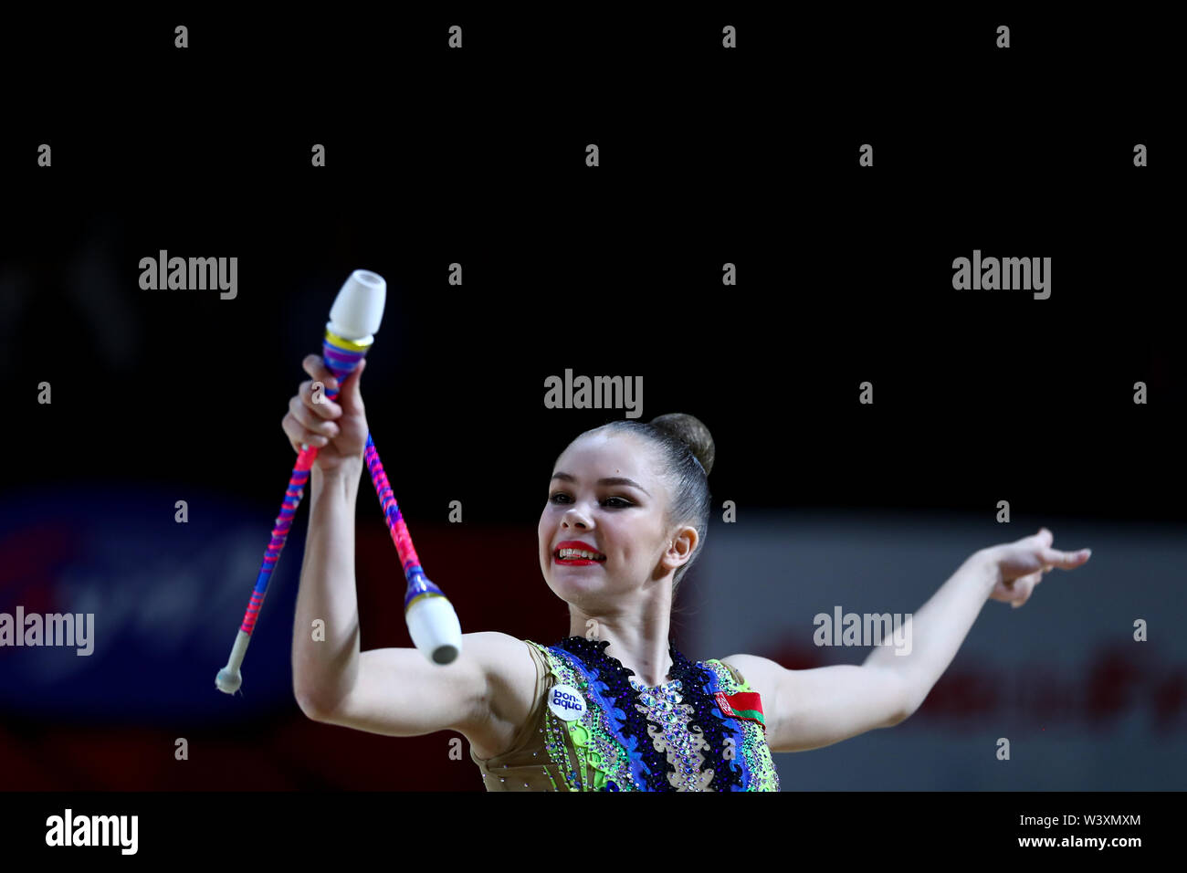 Anastasiia Salos from Belarus performs her clubs routine during 2019 Grand Prix de Thiais Stock Photo