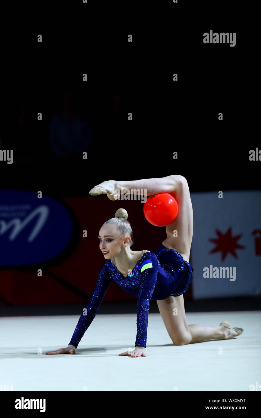 Viktoriie Onopriienko from Ukraine performs her ball routine during 2019 Grand Prix de Thiais Stock Photo