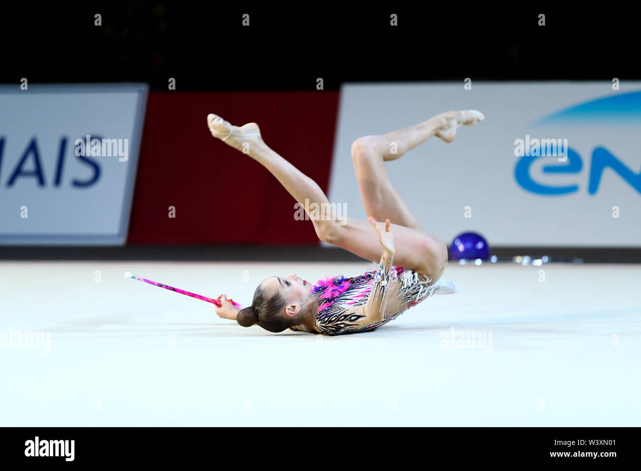 Anastasia Guzenkova from Russia performs her clubs routine during 2019 Grand Prix de Thiais Stock Photo