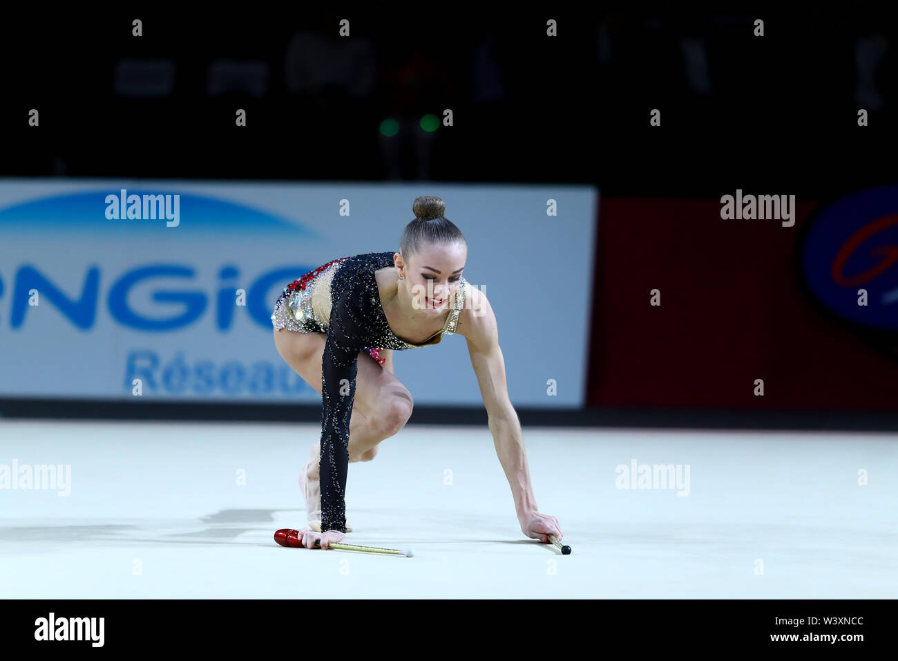 Ekaterina Vedeneeva from Slovenia performs her clubs routine during 2019 Grand Prix de Thiais Stock Photo