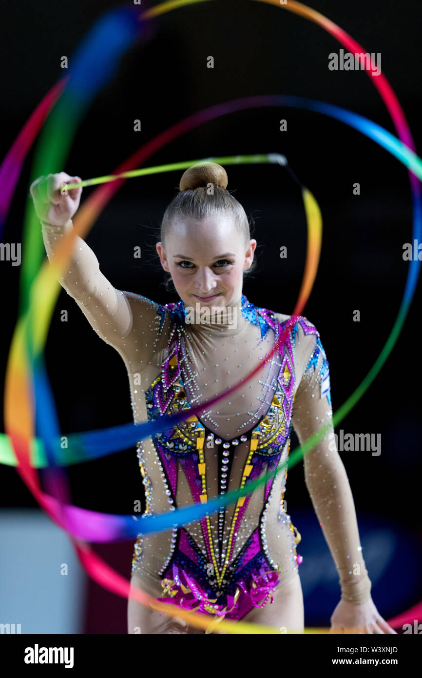 Yuliana Telegina from Israel performs her ribbon routine during 2019 Grand Prix de Thiais Stock Photo