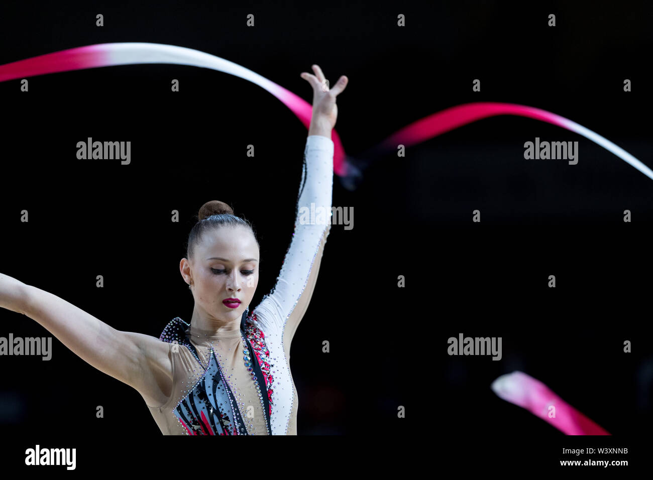 Nicol Voronkov from Israel performs her ribbon routine during 2019 Grand Prix de Thiais Stock Photo