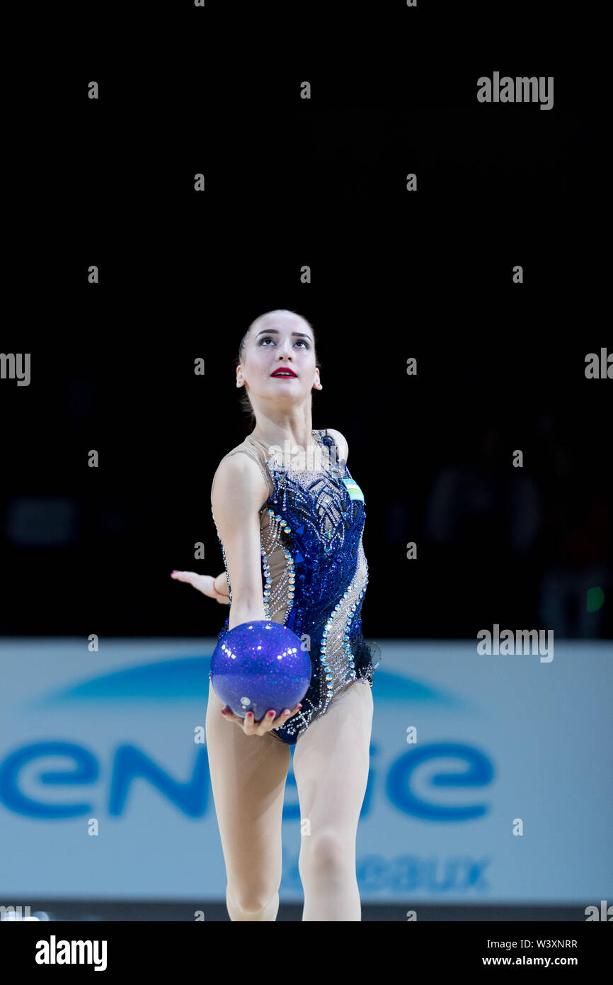 Sabina Tashkenbaeva from Uzbekistan performs her ball routine during 2019 Grand Prix de Thiais Stock Photo