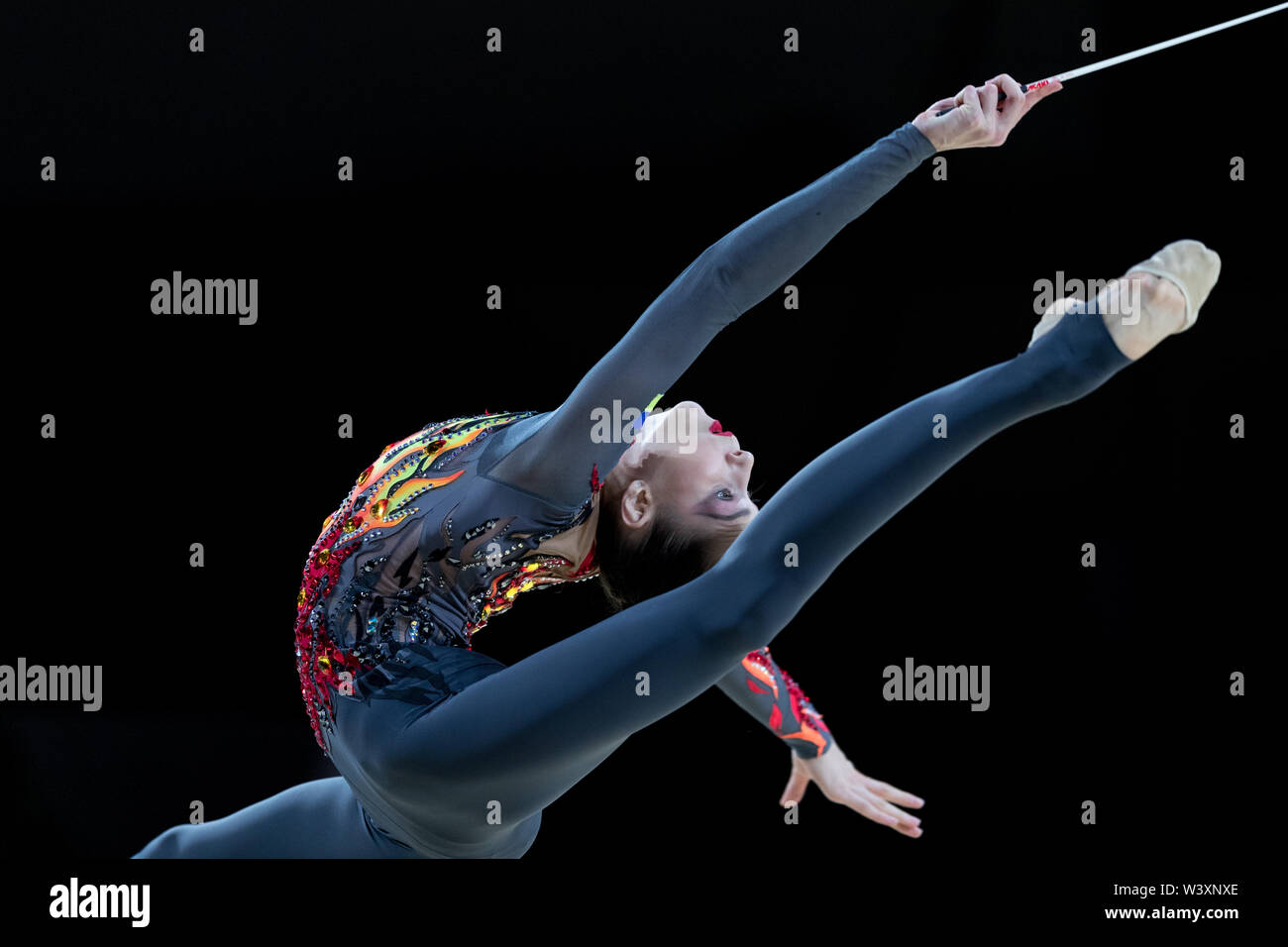 Vlada Nikolchenko from Ukraine performs her ribbon routine during 2019 Grand Prix de Thiais Stock Photo