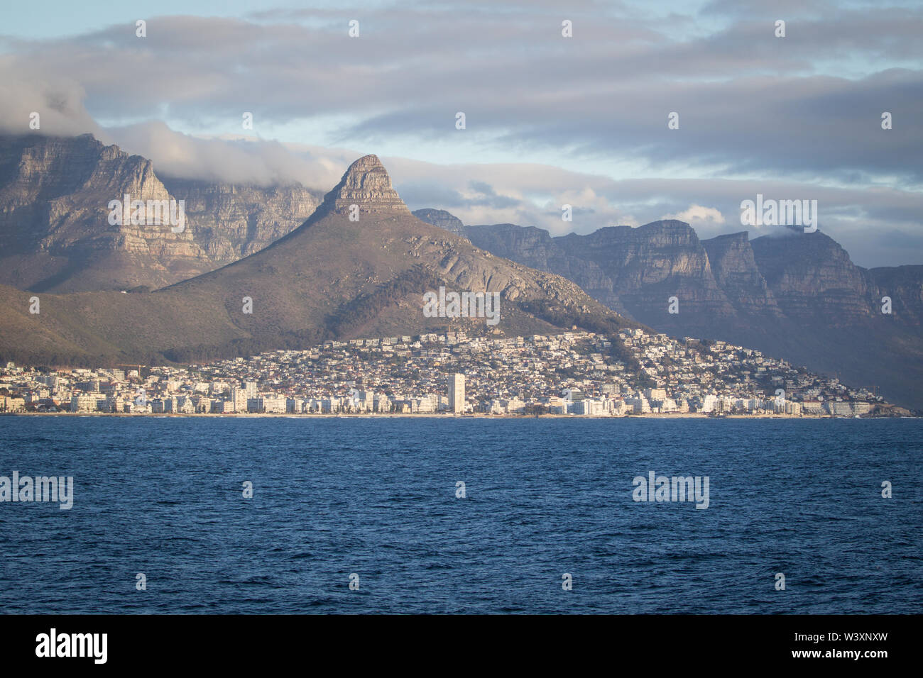 Cape Town, Western Cape, South Africa is among the most beautiful cities in the world, seen from Table Bay framed by Table Mountain and Lion's Head Stock Photo