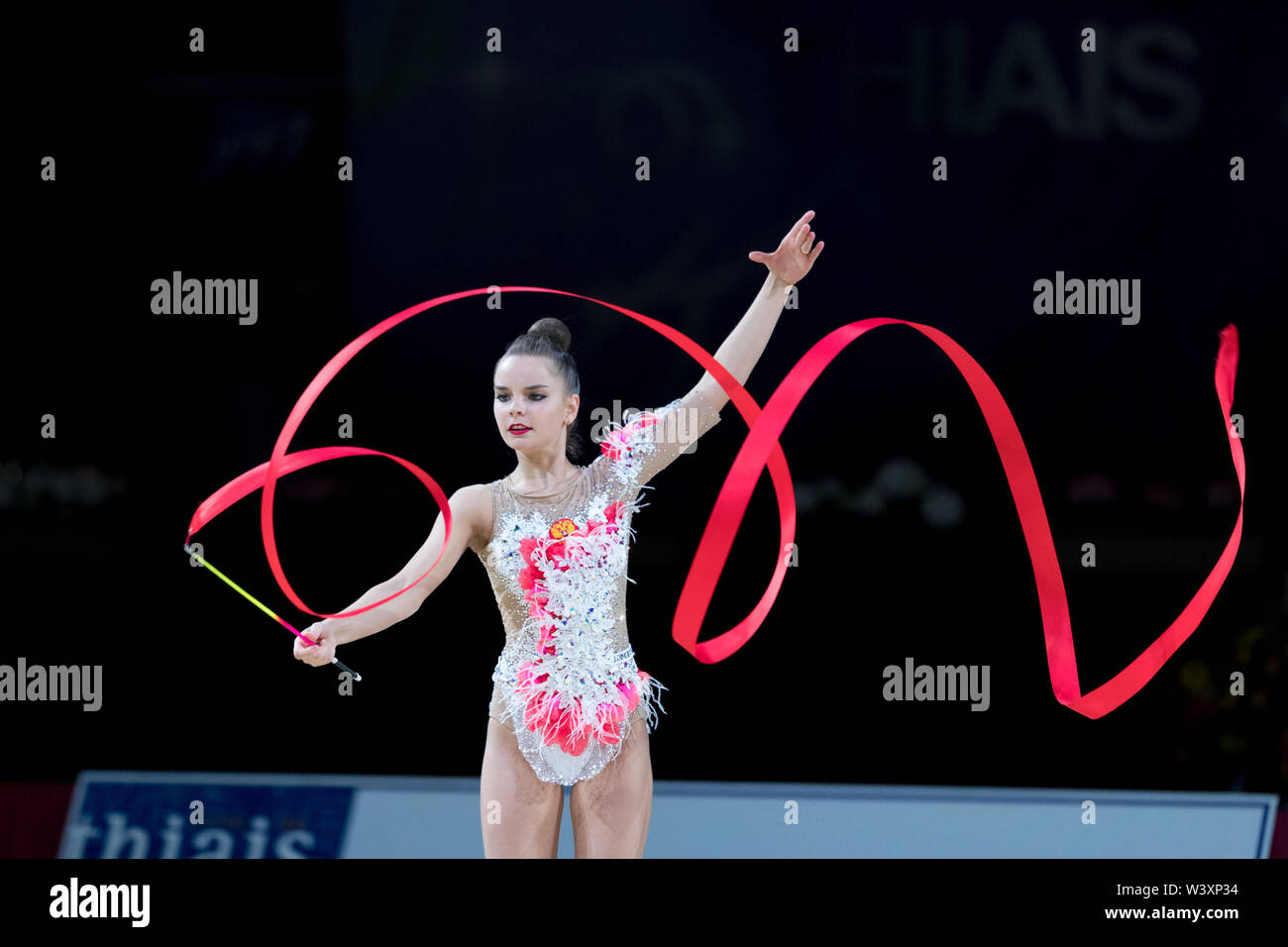 Dina Averina from Russia performs her ribbon routine during 2019 Grand Prix de Thiais Stock Photo