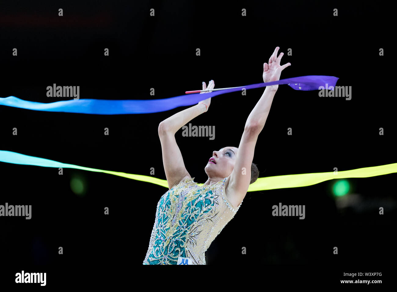 Katsiaryna Halkina from Belarus performs her ribbon routine during 2019 Grand Prix de Thiais Stock Photo
