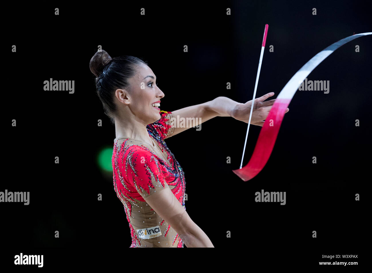 Natalia Garcia from Spain performs her ribbon routine during 2019 Grand Prix de Thiais Stock Photo