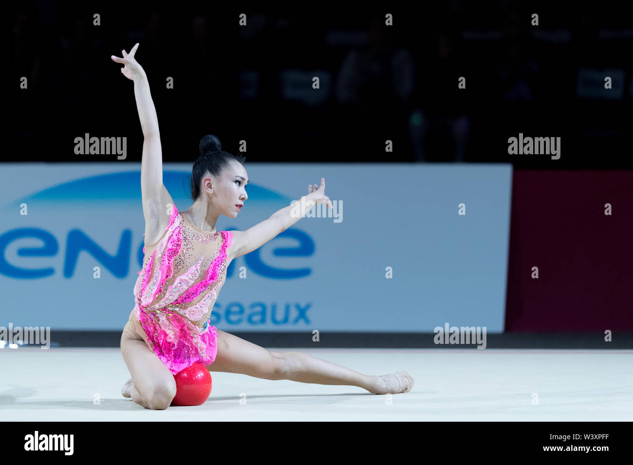 Adilya Tlekenova from Kazakhstan performs her ball routine during 2019 Grand Prix de Thiais Stock Photo