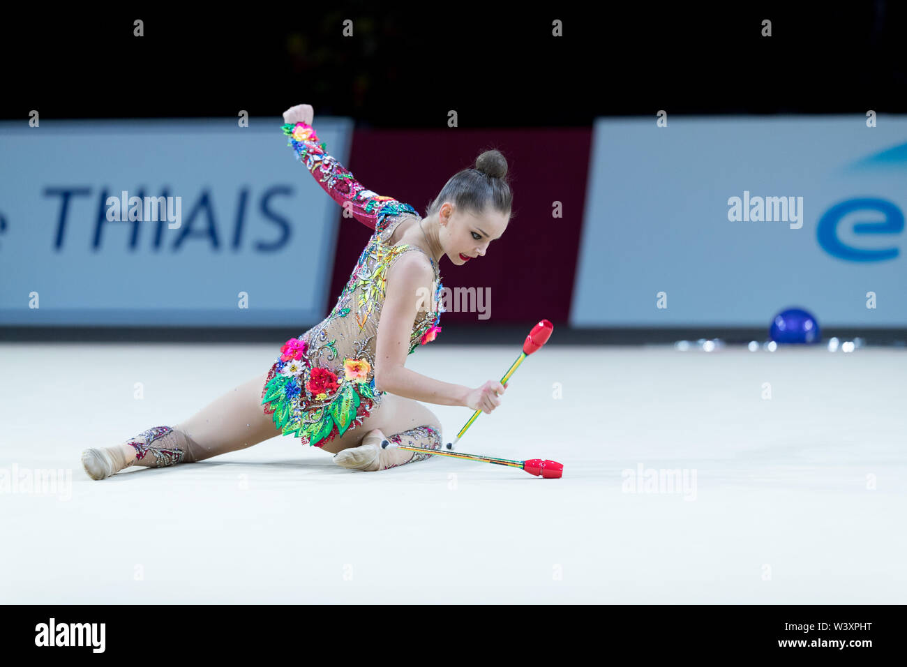 Arina Averina from Russia performs her clubs routine during 2019 Grand Prix de Thiais Stock Photo