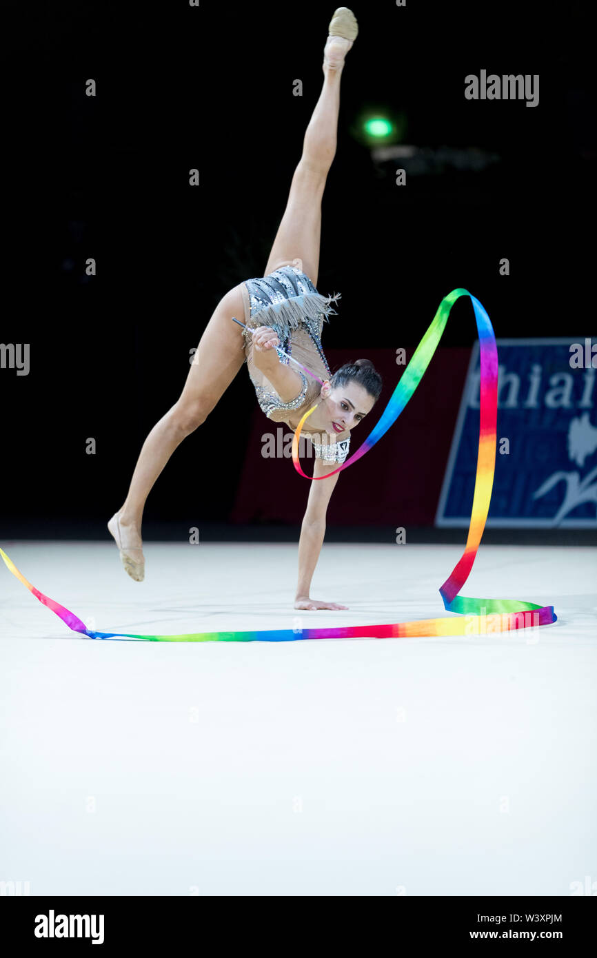 Linoy Ashram from Israel performs her ribbon routine during 2019 Grand Prix de Thiais Stock Photo