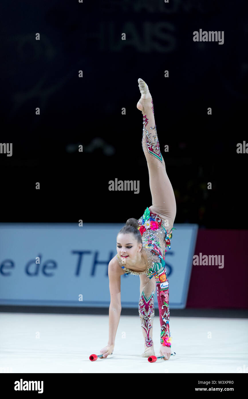 Arina Averina from Russia performs her clubs routine during 2019 Grand Prix de Thiais Stock Photo