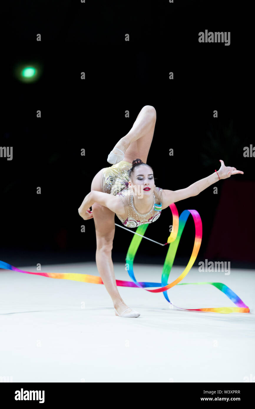 Sabrina Tashkenbaeva from Uzbekistan performs her ribbon routine during 2019 Grand Prix de Thiais Stock Photo