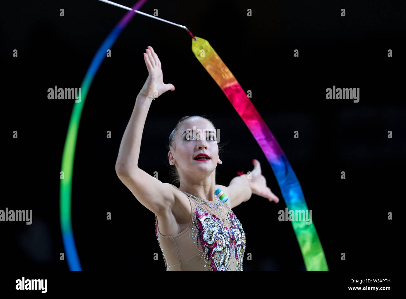 Sabrina Tashkenbaeva from Uzbekistan performs her ribbon routine during 2019 Grand Prix de Thiais Stock Photo