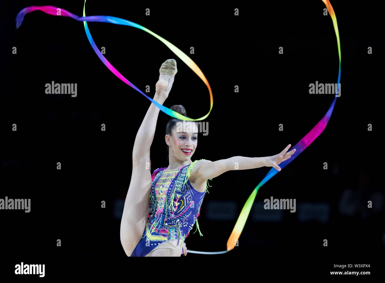 Maria Ano from Spain performs her ribbon routine during 2019 Grand Prix de Thiais Stock Photo